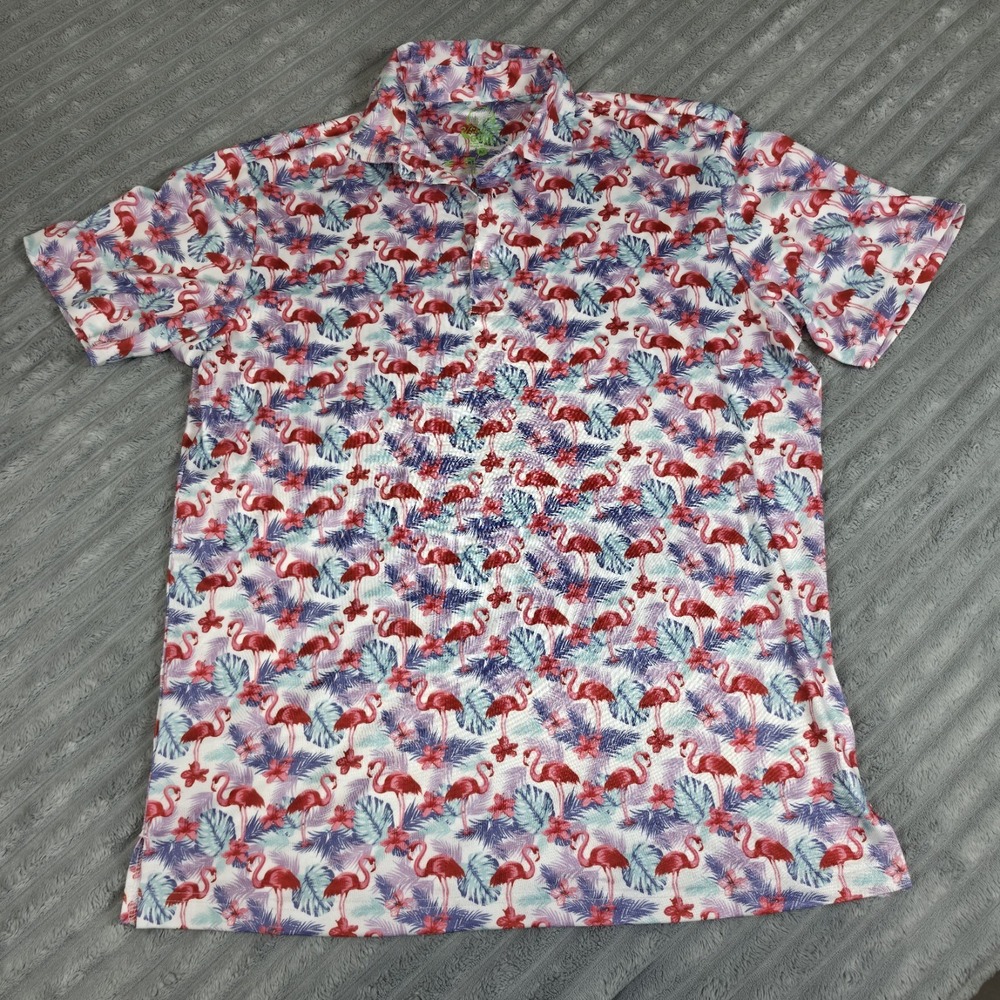 TailorByrd Polo Shirt Mens M Flamingo Print Performance Golf Tropical Light